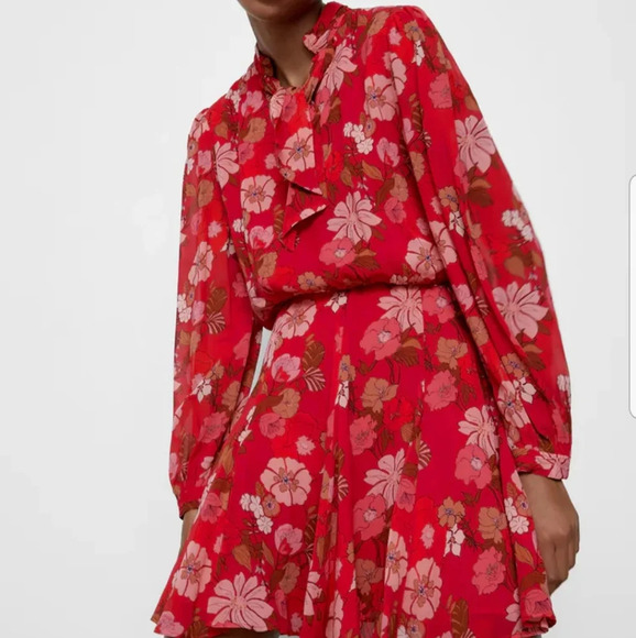 Zara Red Floral Print Dress - Picture 2 of 5